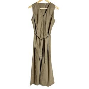Tahari Olive Green Linen Blend Sleeveless V-Neck Belted Tie Waist Jumpsuit 4